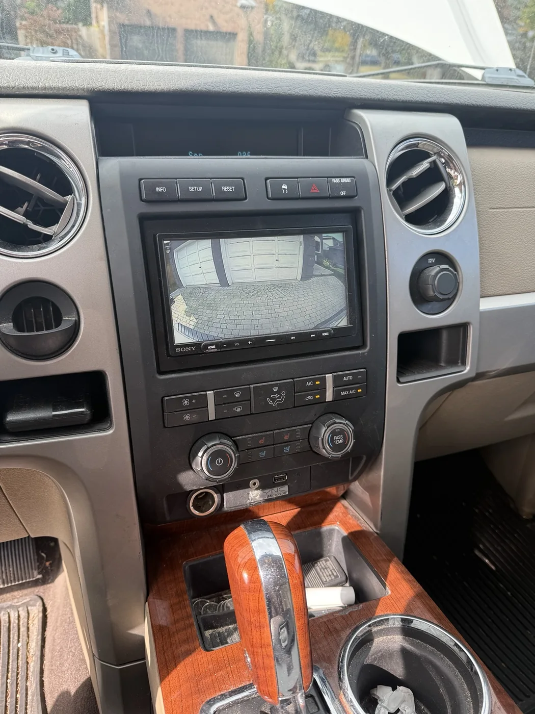 Sony aftermarket display showing a vehicle reverse-camera image